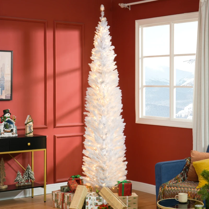 HOMCOM 8ft Pencil Christmas Tree, Slim Artificial Christmas Tree with Realistic Branches and Warm White LED Lights, White