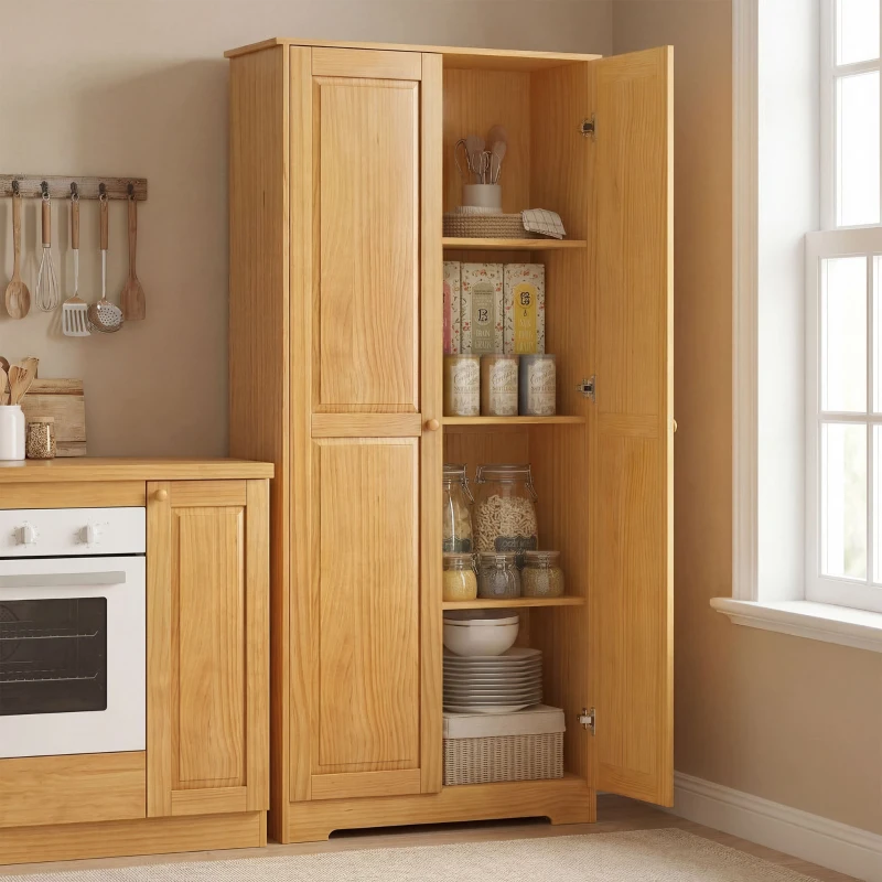 HOMCOM 67" Pinewood Kitchen Pantry Storage Cabinet, Freestanding Cabinets with Doors and Shelves, Dining Room