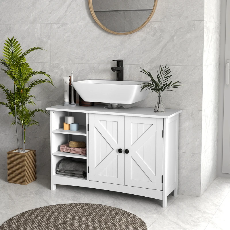 HOMCOM Bathroom Vanity Cabinet, Under Sink Storage Cabinet with Double Doors, Open and Adjustable Shelves, White