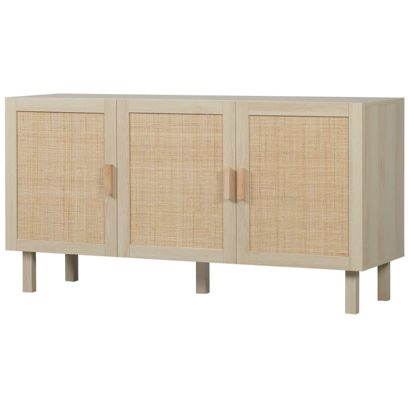 HOMCOM Boho Kitchen Cabinet, Buffet Cabinet with 3 Rattan Doors and Adjustable Shelves for Dining Room, Natural