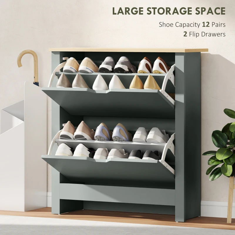 HOMCOM Shoe Storage Cabinet with 2 Flip Drawers and Adjustable Shelves for 8–12 Pairs of Shoes, Light Grey