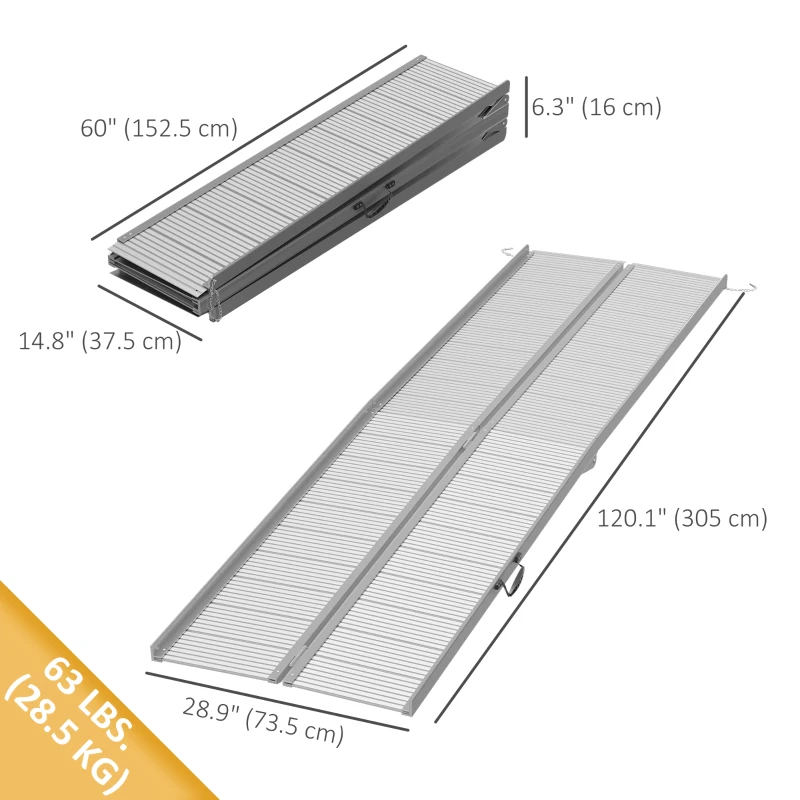 HOMCOM 10' Foldable Handicap Ramp for Home, Steps, Doorways, Aluminum Wheelchair Ramp, Textured Threshold Ramp, Silver