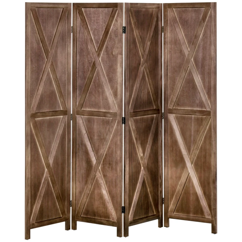 HOMCOM 4-panel Wall Partition Farmhouse Room Separator with Foldable Design Wooden Frame 5.6FT, Walnut