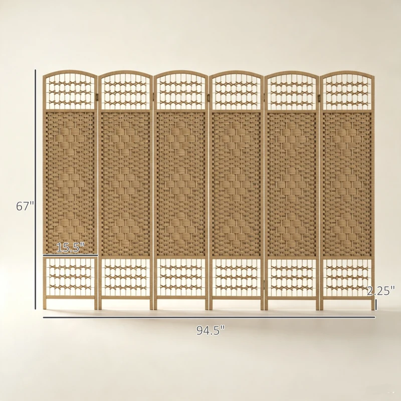 HOMCOM 6 Panel Folding Room Divider Portable Privacy Screen Wave Fiber Room Partition for Home Office Natural