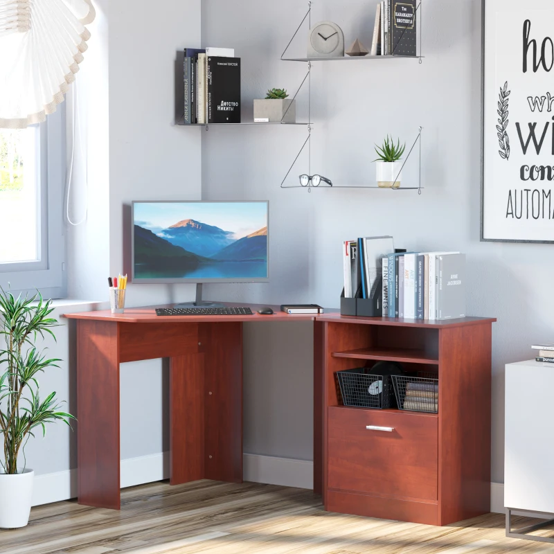 HOMCOM Computer Desk with Printer Cabinet, L-Shaped Corner Desk with Storage, Study PC Workstation for Home Office, Cherry