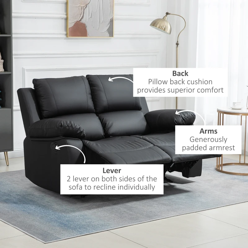 HOMCOM Double Reclining Loveseat, PU Leather Manual Recliner Sofa Chair with Thick Backrest, Padded Armrests, Footrest for Living Room, Black