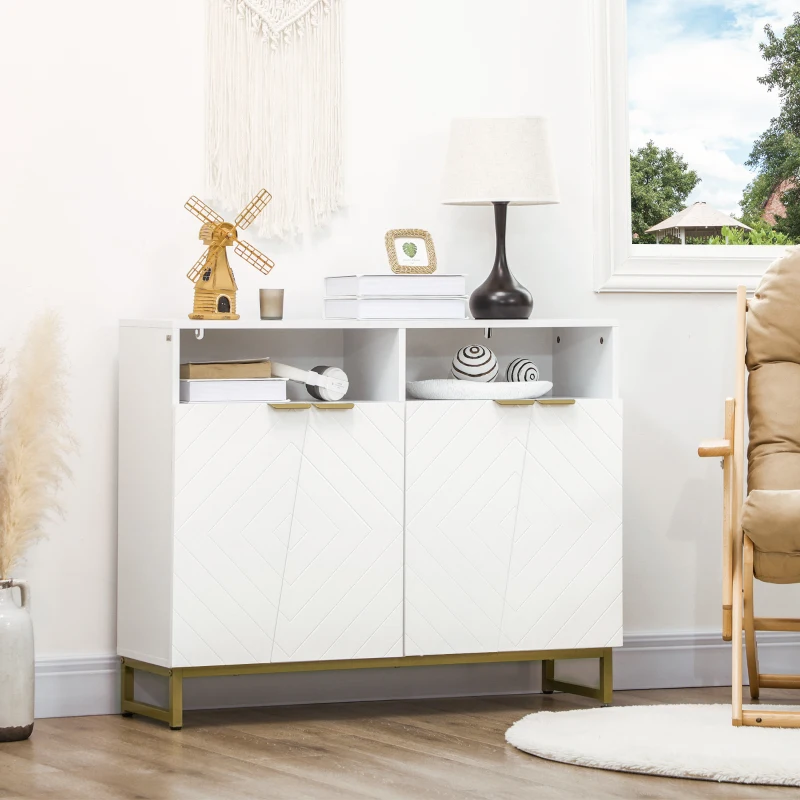 HOMCOM Accent Sideboards, Kitchen Storage Cabinet with 4 Doors, Adjustable Shelves, Metal Base for Living Room, Hallway, White