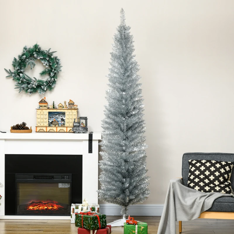 HOMCOM 7ft Unlit Pencil Artificial Christmas Tree with Realistic Branches and 499 Tips, Plastic Base, Silver