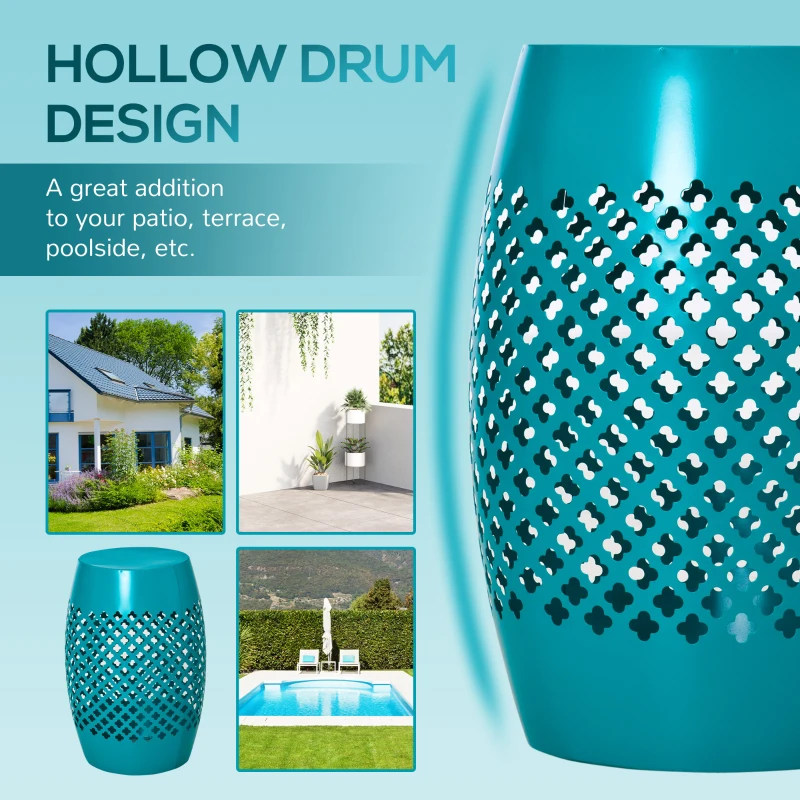 Outsunny 12" Steel Outdoor Side Table, Round Hollow Drum Patio End Table, Accent Table for Indoor and Outdoor, Blue