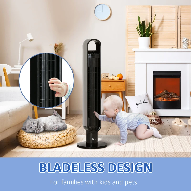 HOMCOM 39 Inch Tower Fan for Bedroom Cooling, 80°Oscillating Fan with 3 Speeds, 12H Timer, Handle and Remote Control, Standing Floor Fan for Home Office, White