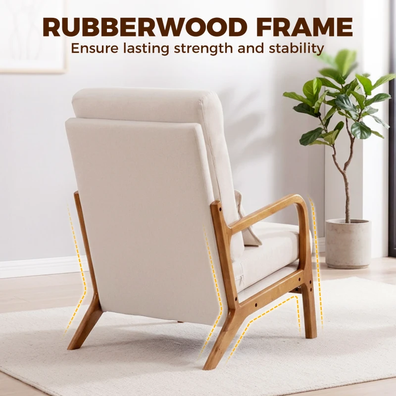 HOMCOM Modern Accent Chair, Linen Armchair with Lumbar Pillow, High Back, Wide Seat, Thick Cushion, Solid Wood Frame, Cream White