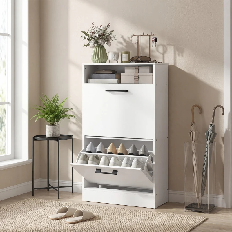 HOMCOM Shoe Cabinet 2 Flip Drawers Adjustable Dividers Shoe Storage Cabinet Top Shelf Entryway White