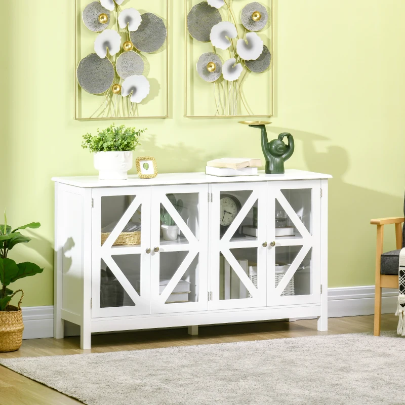 HOMCOM Sideboard, Buffet Cabinet with 4 Tempered Glass Doors and Adjustable Storage Shelf, Credenza, White