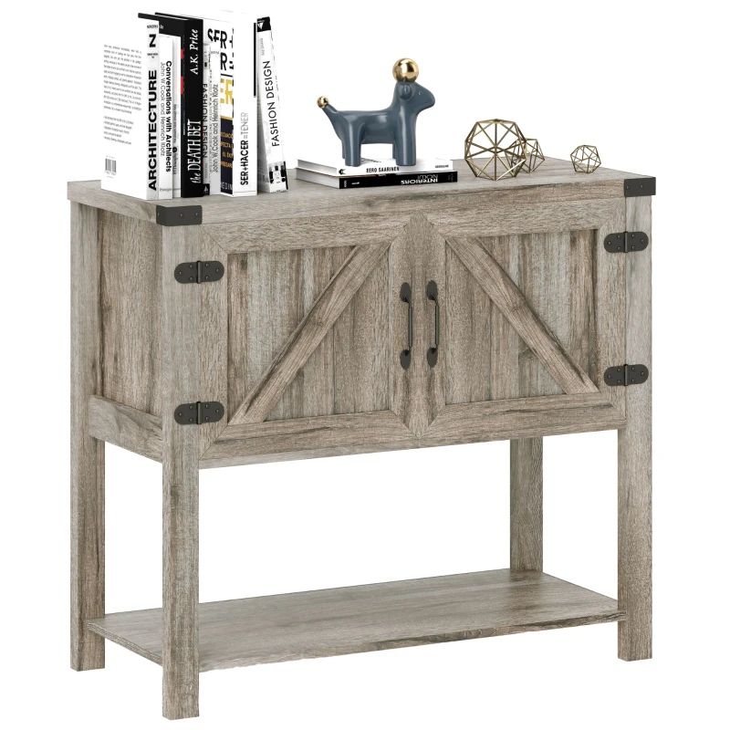 HOMCOM Farmhouse Double Door Coffee Bar Cabinet, Kitchen Cabinet with Bottom Shelf for Entryway, Living Room, Washed-out Gray