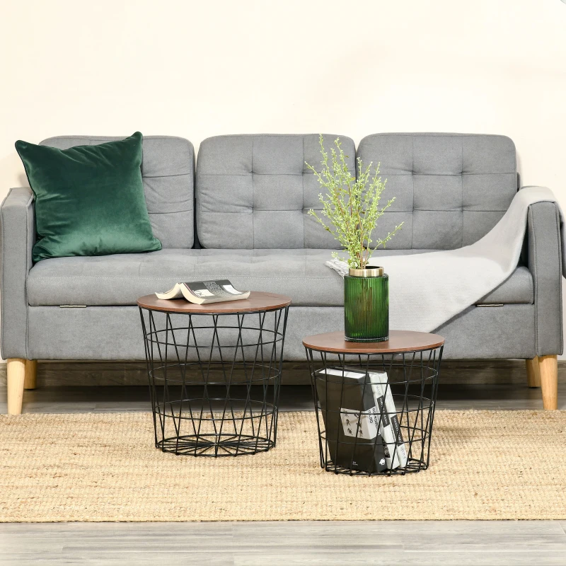HOMCOM End Tables Set of 2, Nesting Tables with Storage, Round Accent Side Tables with Removable Top for Living Room,  Black/ Brown