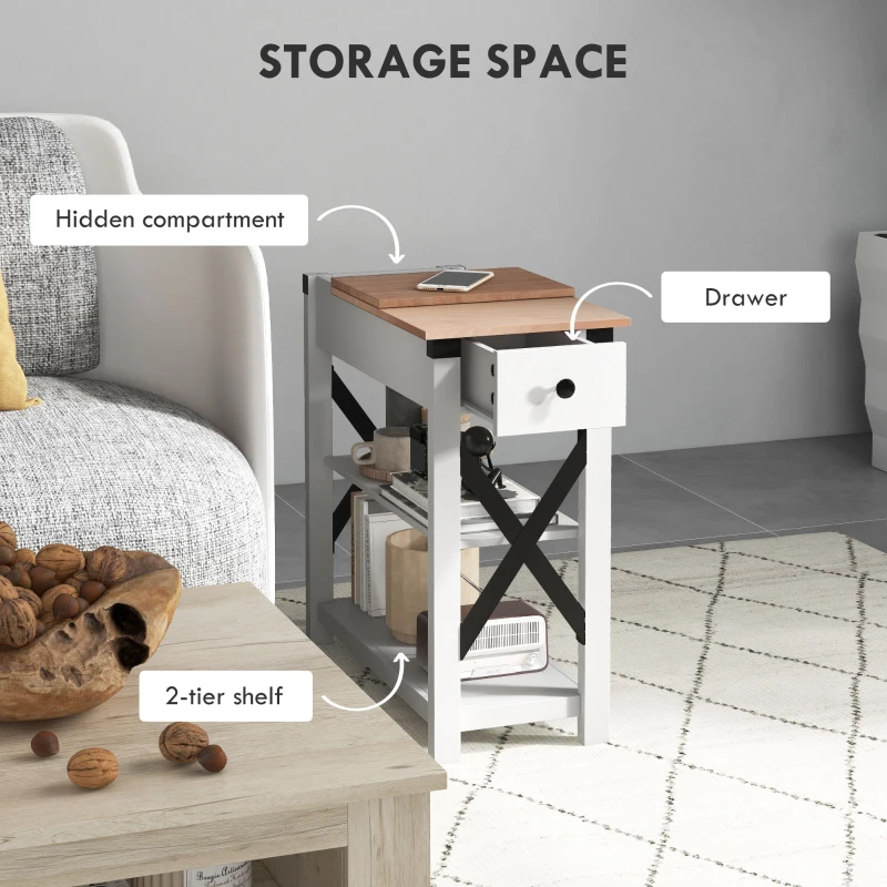 HOMCOM End Side Table with Charging Station, 2 USB Ports and 1 Outlet for Living Room, Bedroom, 11.75" x 23.5" x 24.5", White