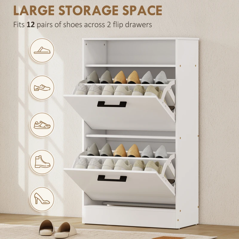 HOMCOM Shoe Cabinet 2 Flip Drawers Adjustable Dividers Shoe Storage Cabinet Top Shelf Entryway White