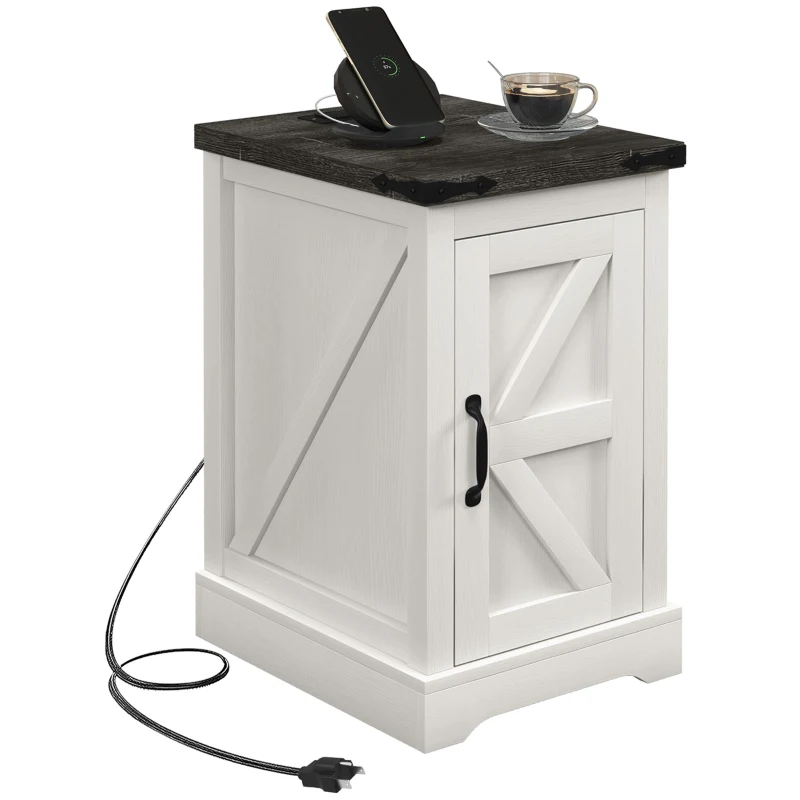 HOMCOM Farmhouse End Table with Storage, Side Table with Charging Station and USB Ports for Living Room, Distressed White