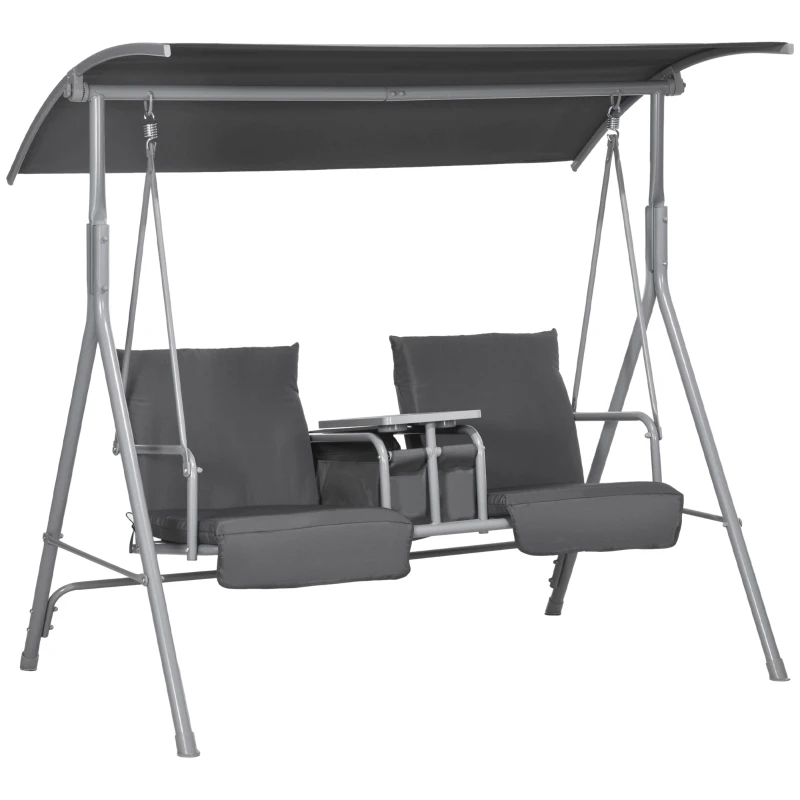 Outsunny 2-Seater Outdoor Porch Swing with Adjustable Canopy and Table, Patio Swing Chair for Garden, Poolside, Backyard, Grey