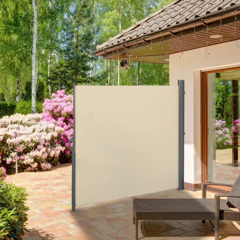 Outsunny 10' Retractable Folding Patio Privacy Side Awning with 50+ UV Protection, 2 Wall Brackets, & Polyester, White