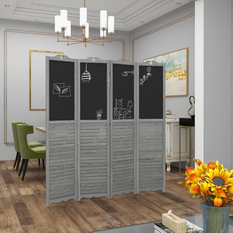 HOMCOM Wooden Room Divider with Blackboard, 4 Panel Folding Privacy Screen for Home Office, 5.5', Gray