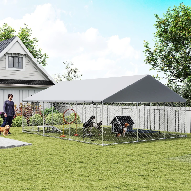 PawHut Heavy Duty Outdoor Dog Kennel with Waterproof Roof, 2 Secure Latches, Chain Link Dog Run for Backyard, 20' x 15' x 8'