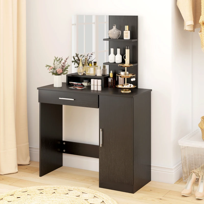 HOMCOM Vanity Desk with Mirror, Makeup Vanity w/ Drawer, Open Compartment and Shelves, Cabinet, Adjustable Shelves for Bedroom
