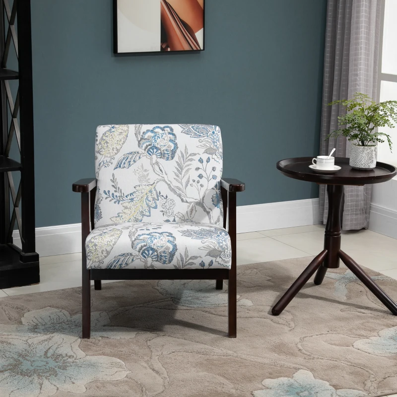 HOMCOM Mid-Century Modern Accent Chair Retro Fabric Armchair Wooden Arm Upholstered Lounge Chair for Living Room Floral