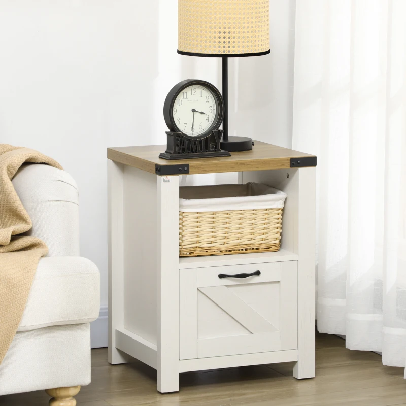 HOMCOM Farmhouse End Table, Side Table with Storage for Living Room, White