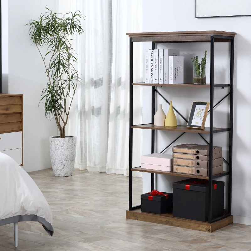 HOMCOM 4-Tier Industrial Modern Style Open Standing Bookshelf Organizer Storage Rack for Living Room, Bedroom, Brown / Black
