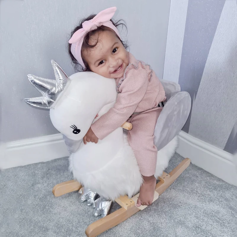 Qaba Kids Ride on Horse Swan Rocker with Sound, Plush Seat, Wooden Base, Safety Belt for Toddlers 18-36 Months, White