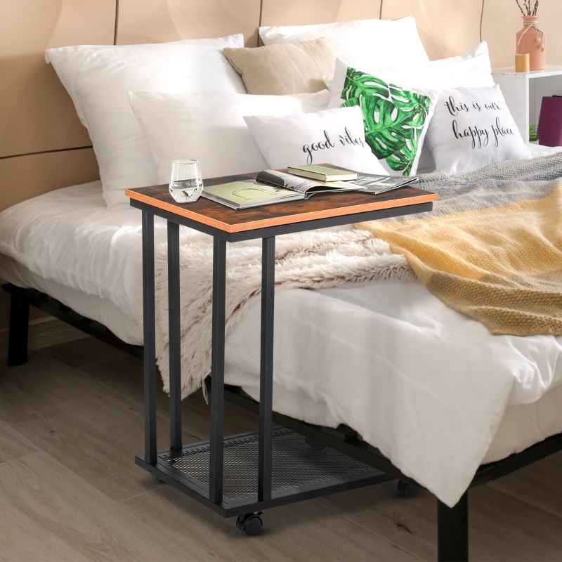 HOMCOM Mobile Sofa Side Table, C Shaped End Table Couch Table with Metal Mesh Shelf, Rolling Castors for Living Room, Bedroom, Rustic Brown