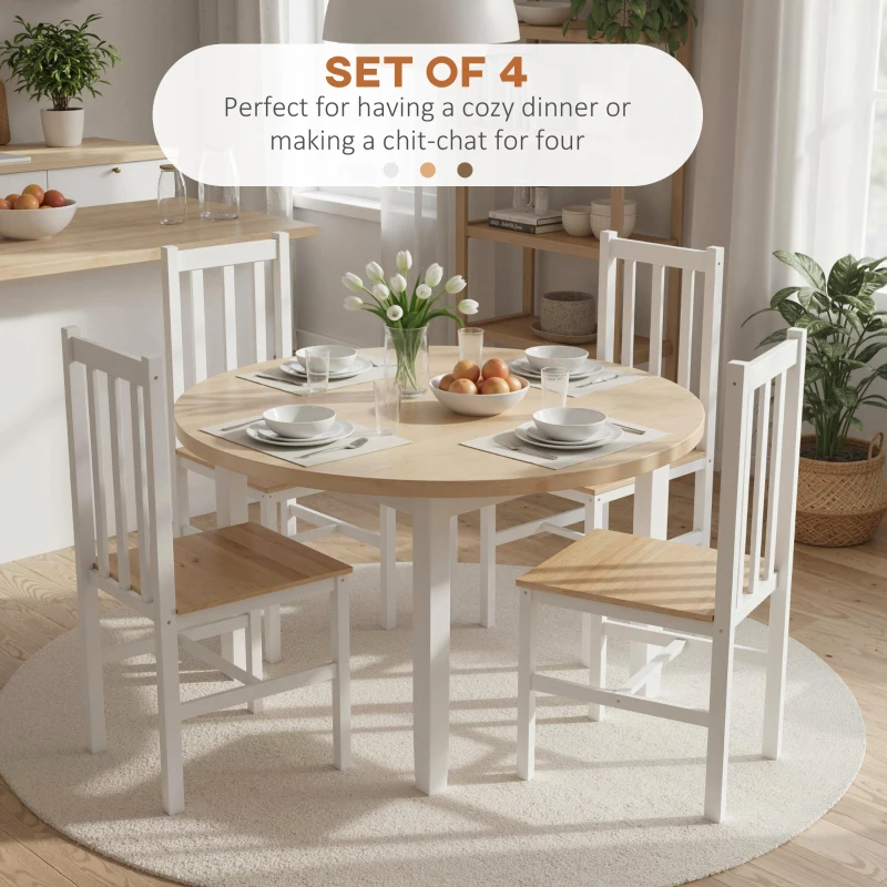 HOMCOM Farmhouse Dining Table Chairs, Set of 4 Pine Wood Kitchen Table Chairs with Slat Back for Living Room, Bedroom, White