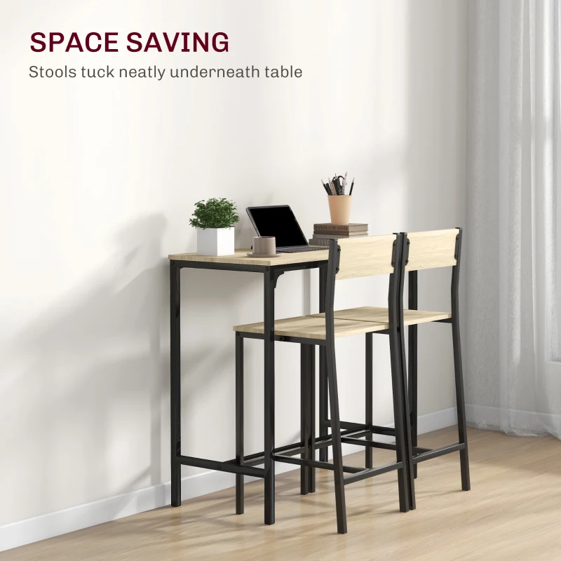 HOMCOM 3 Piece Pub Table and Chairs for 2, Bar Table and Stools with Footrest for Small Space, Oak