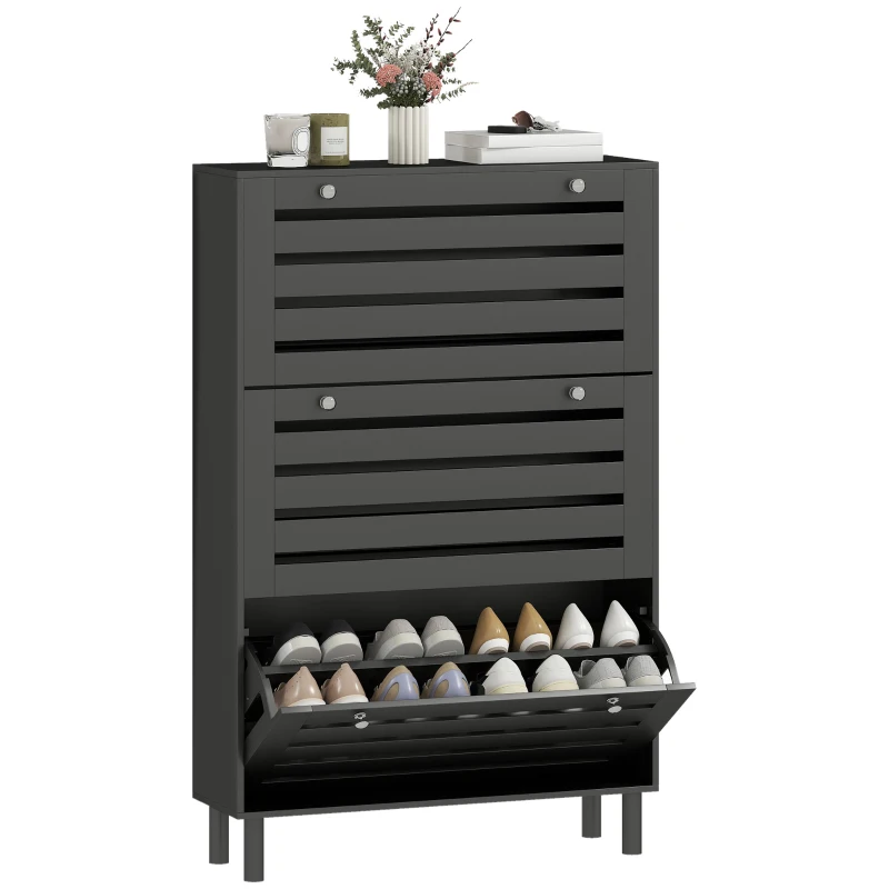 HOMCOM Narrow Shoe Storage Cabinet, 3 Flip Drawers, Adjustable Shelves, 18-24 Pairs Capacity, Black