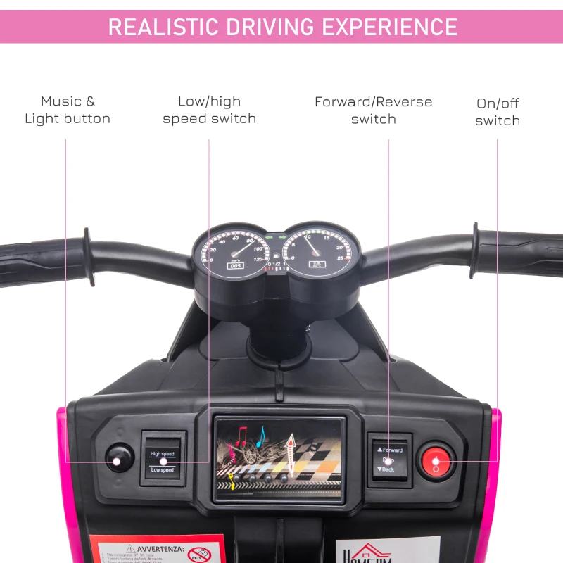 Aosom 6V Kids Motorcycle Dirt Bike Electric Battery-Powered Ride-On Toy Off-road Street Bike with Music, Headlights, Rechargeable Battery, Training Wheels, for Ages 2-4, Pink