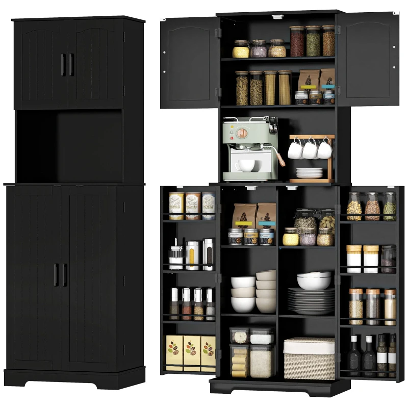 HOMCOM 71.5" Tall Pantry Cabinet, Farmhouse Kitchen Storage Cabinet with Adjustable Shelves, 8 Door Spice Racks, Black