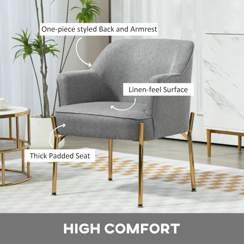 HOMCOM Fabric Armchair, Modern Accent Chair with Metal Legs for Living Room, Bedroom, Home Office, Grey
