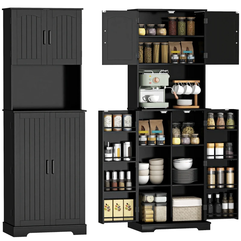 HOMCOM 71.5" Tall Pantry Cabinet, Farmhouse Kitchen Storage Cabinet with Adjustable Shelves, 8 Door Spice Racks, Black
