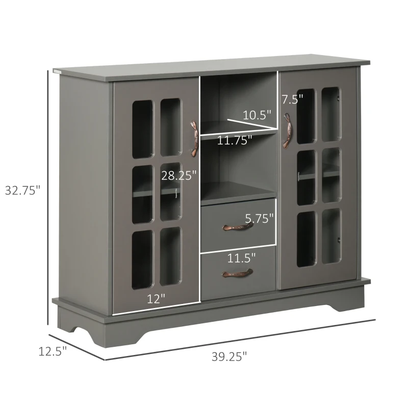 HOMCOM Sideboard Buffet Cabinet, Kitchen Cabinet, Coffee Bar Cabinet with 2 Framed Glass Doors, 2 Drawers and 2 Open Shelves for Living Room, Gray
