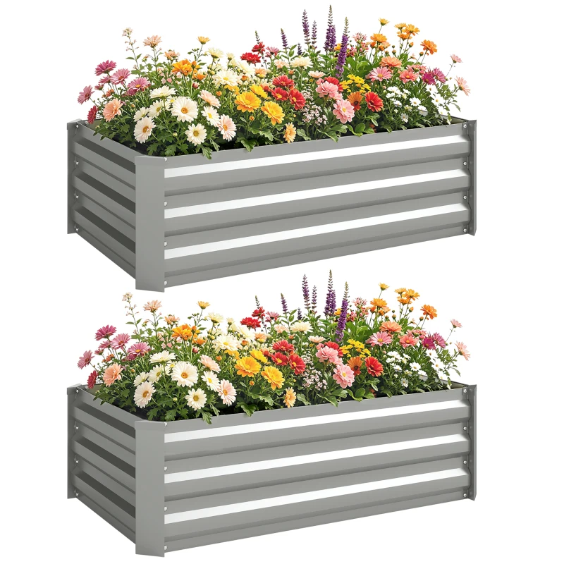 Outsunny Set of 2 Galvanized Raised Beds for Garden, Outdoor Planter Box for Flowers, Herbs and Vegetables, Light Grey