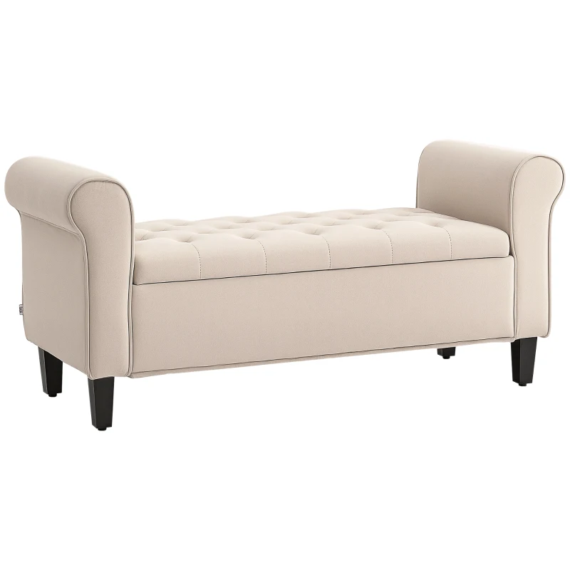 HOMCOM 50 Inches Storage Ottoman, Upholstered Bedroom Bench with Rolled Arms and Button Tufted Storage, Beige