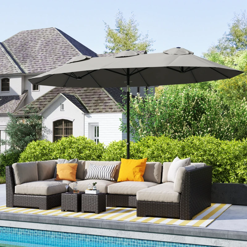 Outsunny Double Sided Patio Umbrella, 9.7' Large Outdoor Market Umbrella with Push Button Tilt and Crank, 3 Air Vents and 12 Ribs, for Garden, Deck, Pool, Gray(m-10)