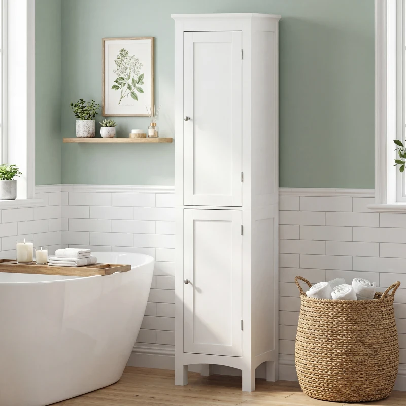 kleankin Tall Bathroom Cabinet, Freestanding Storage Organizer with Adjustable Shelves and Cupboards, 15" x 13" x 63", White
