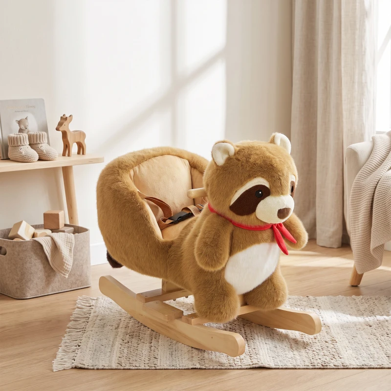 Qaba Raccoon Baby Rocking Horse, Kids Plush Ride-On Toy with Realistic Sounds and Safety Belt, Brown