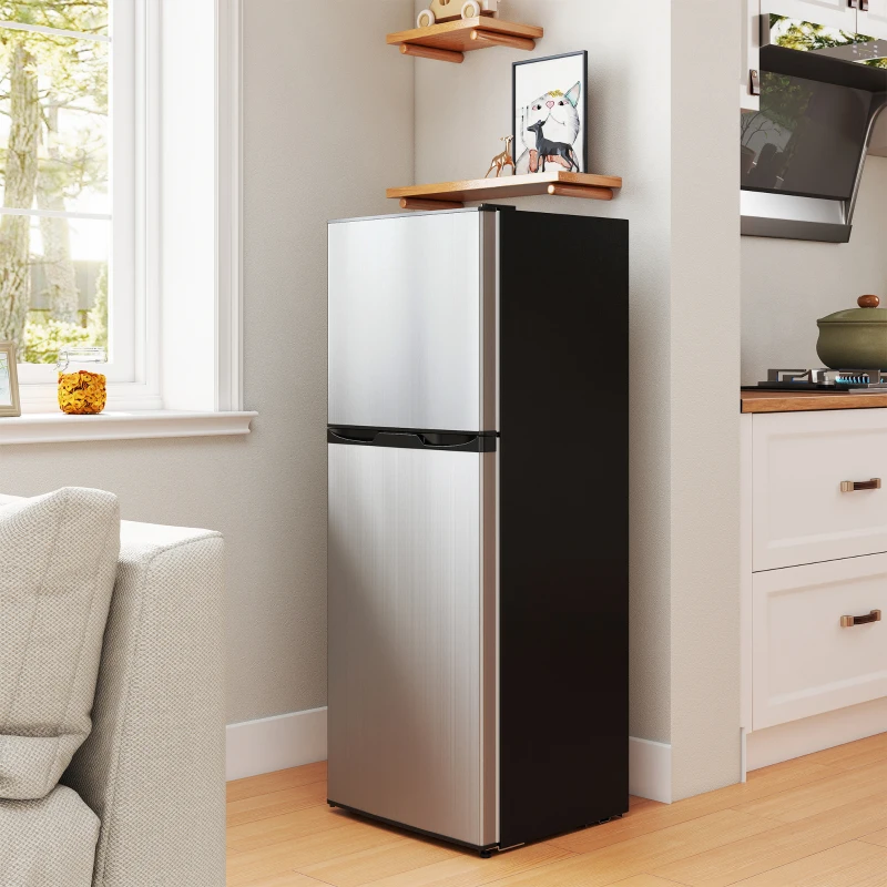 HOMCOM 4.6 Cu.Ft Mini Fridge with Freezer, 2-Door Small Refrigerator with Thermostat, Shelves, Reversible Door, Silver