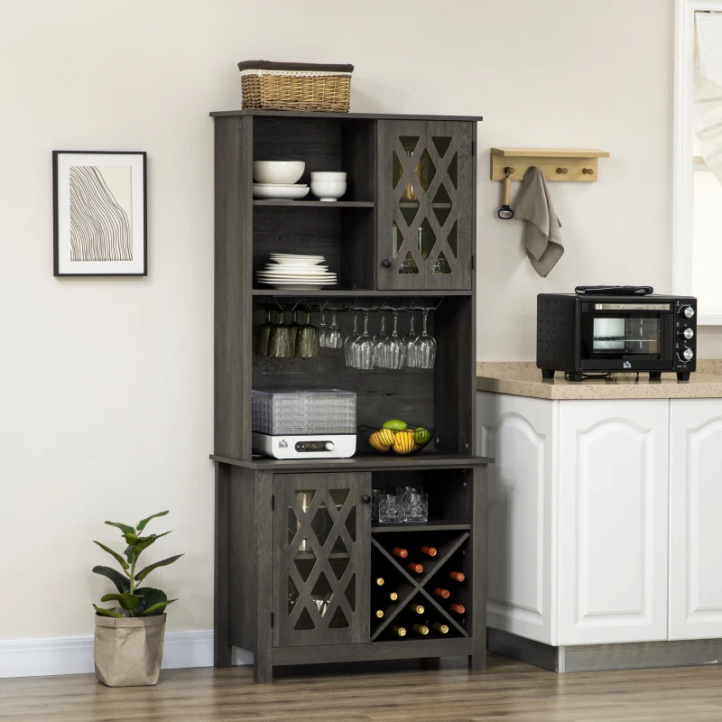 HOMCOM 72" Kitchen Pantry, Buffet with Hutch, Cupboard for Microwave, 2 Door Cabinets, Wine Glasses Rack, Wine Rack, Dark Grey
