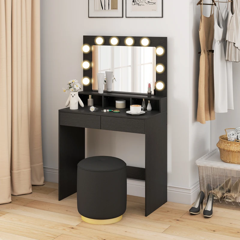 HOMCOM Vanity Table, Makeup Dressing Table with LED Lighting Mirror, Charging Station and Drawers for Bedroom, Black