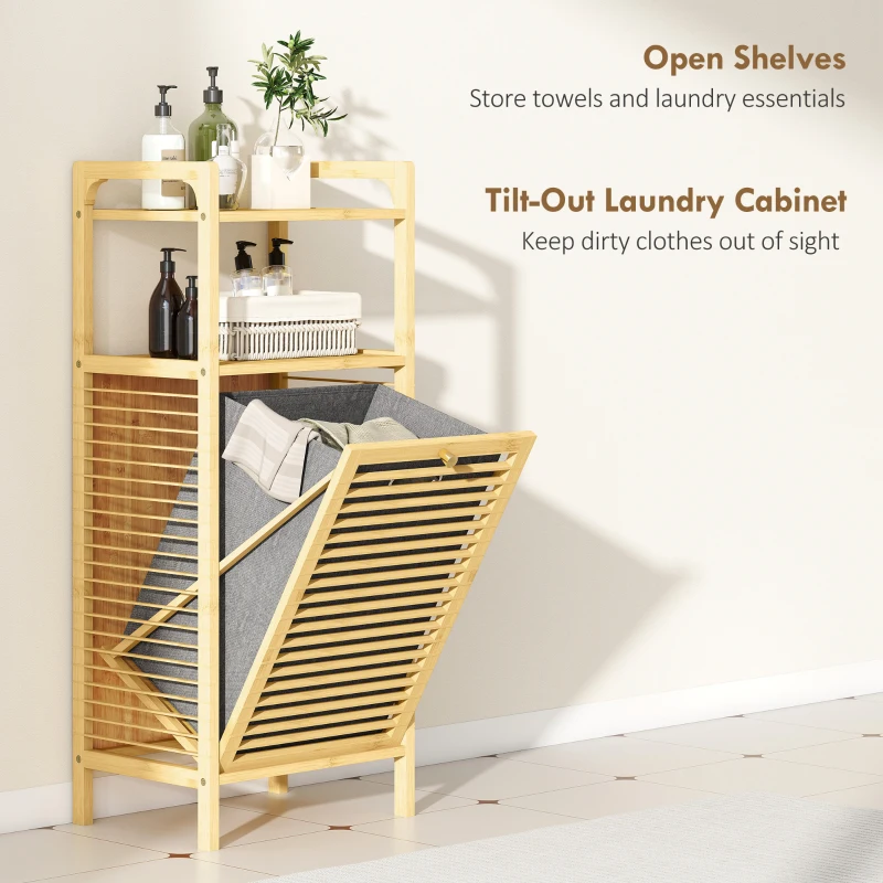 HOMCOM Bamboo Laundry Cabinet, Tilt Out Laundry Hamper with Removable Basket and Open Shelves, Natural