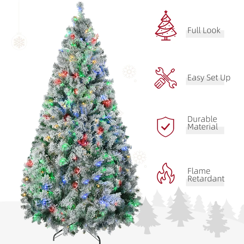 HOMCOM 9' Artificial Snow Christmas Trees with Frosted Branches, Warm White or Colorful LED Lights, Steel Base